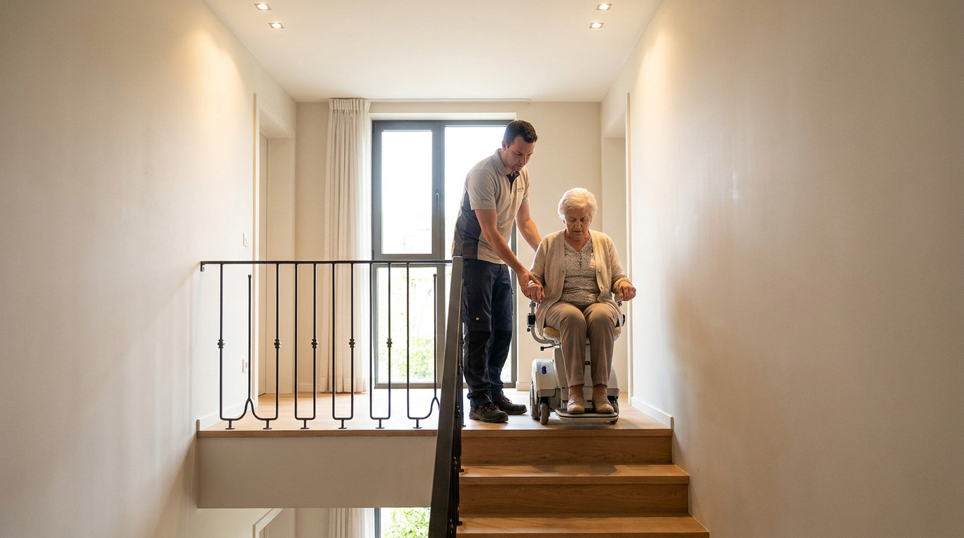 Mobiele traplift in gebruik op een Belgische trap